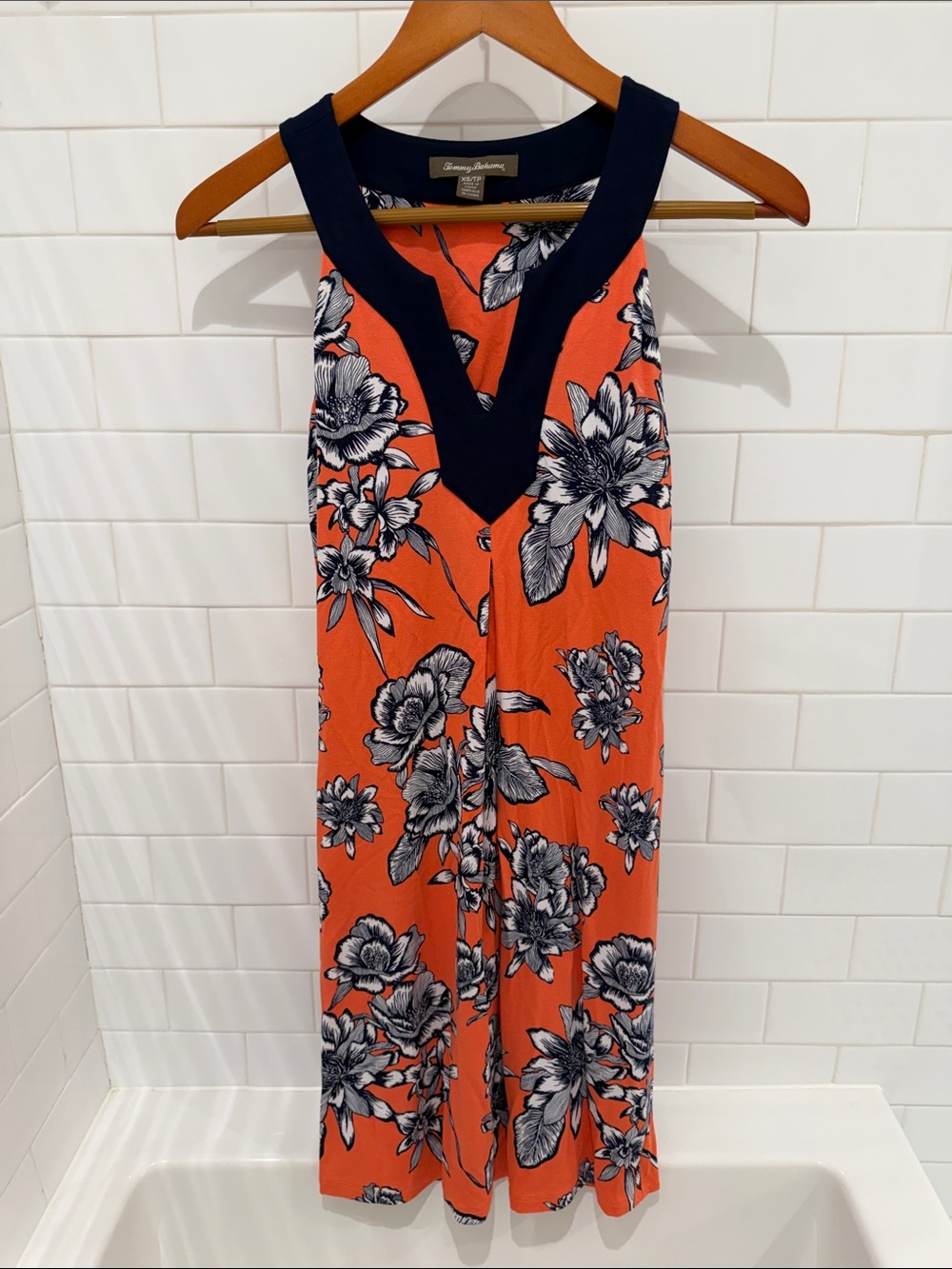Tommy Bahama Orange Floral Tank Dress with Navy Trim